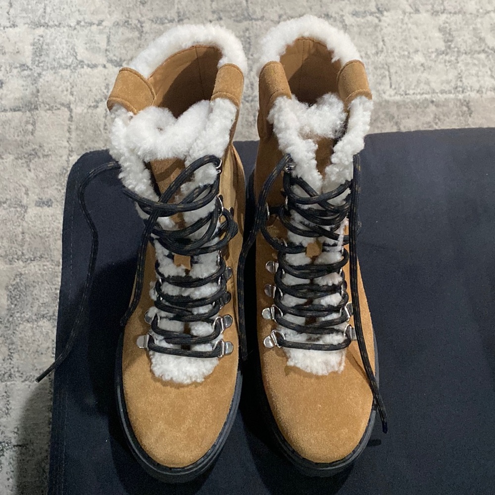 Marc Fisher Tan Suede, Black and Tan Lace and White Sherpa Boot